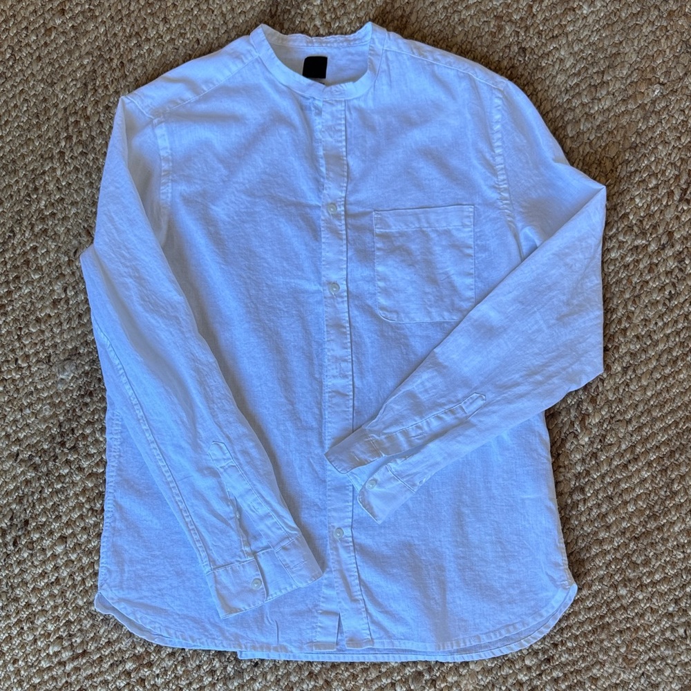 H&M white “grandad” collar long sleeve button down linen/cotton shirt size large